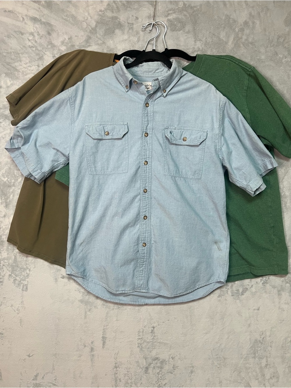 Carhartt Men's Size L 3 Shirt Lot Chambray Button Down K87 Force Tees flaw